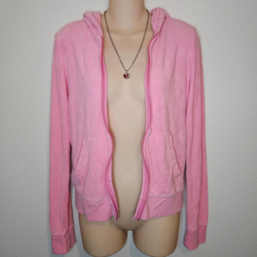 Y2k Juicy Couture Pink Terry Cloth Zip Up Hoodie - Picture 2 of 5